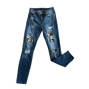 Judy Blue Womens 9/29 Skinny Fit Ripped Distressed Blue Jeans W/ Leopard Patch